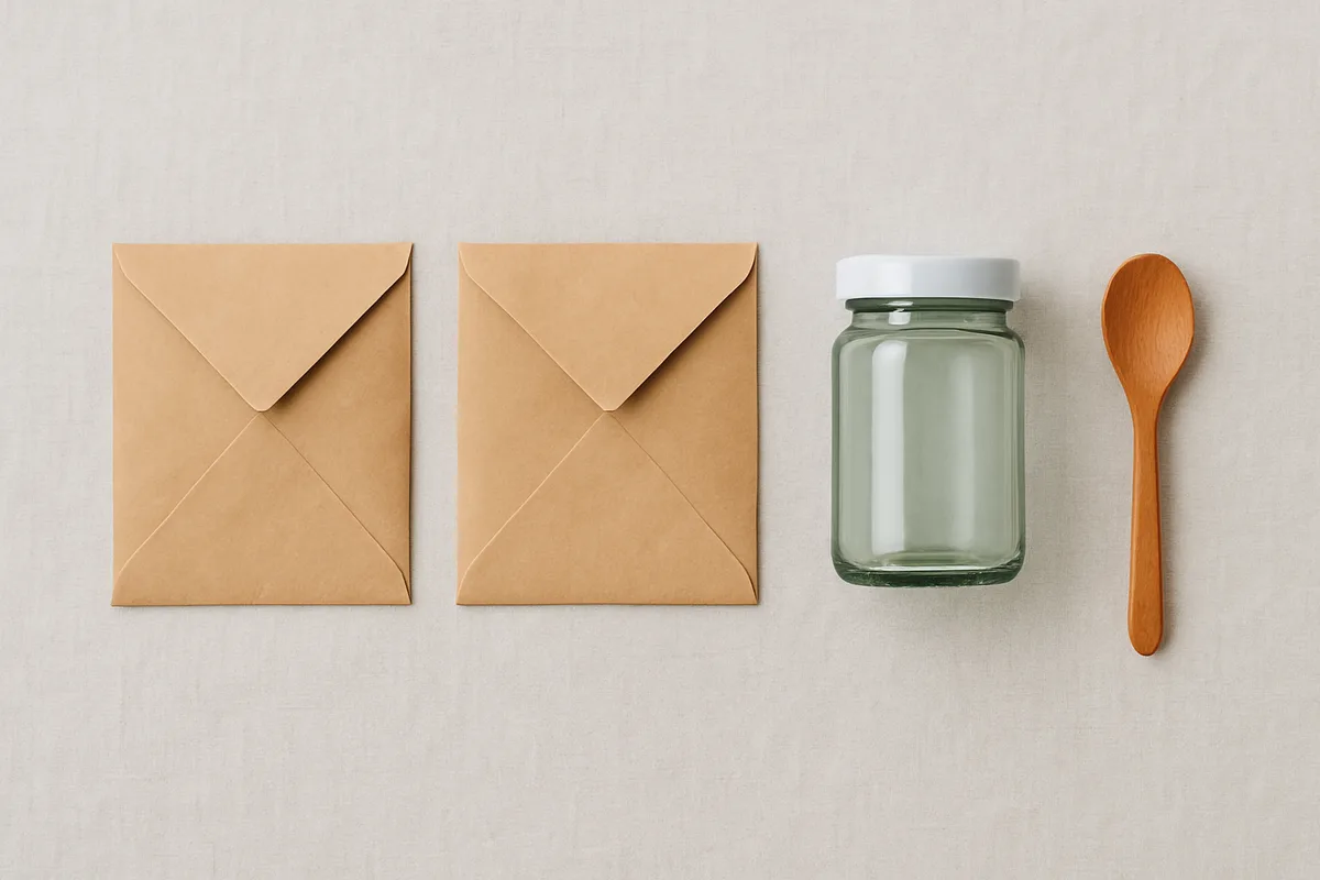 Vista cenital de tres sobres de papel kraft alineados sobre un mantel de lino gris claro, con un frasco de vidrio pequeño de tapa blanca y una cuchara de madera al lado; sin etiquetas, sin texto y sin instrumental clínico