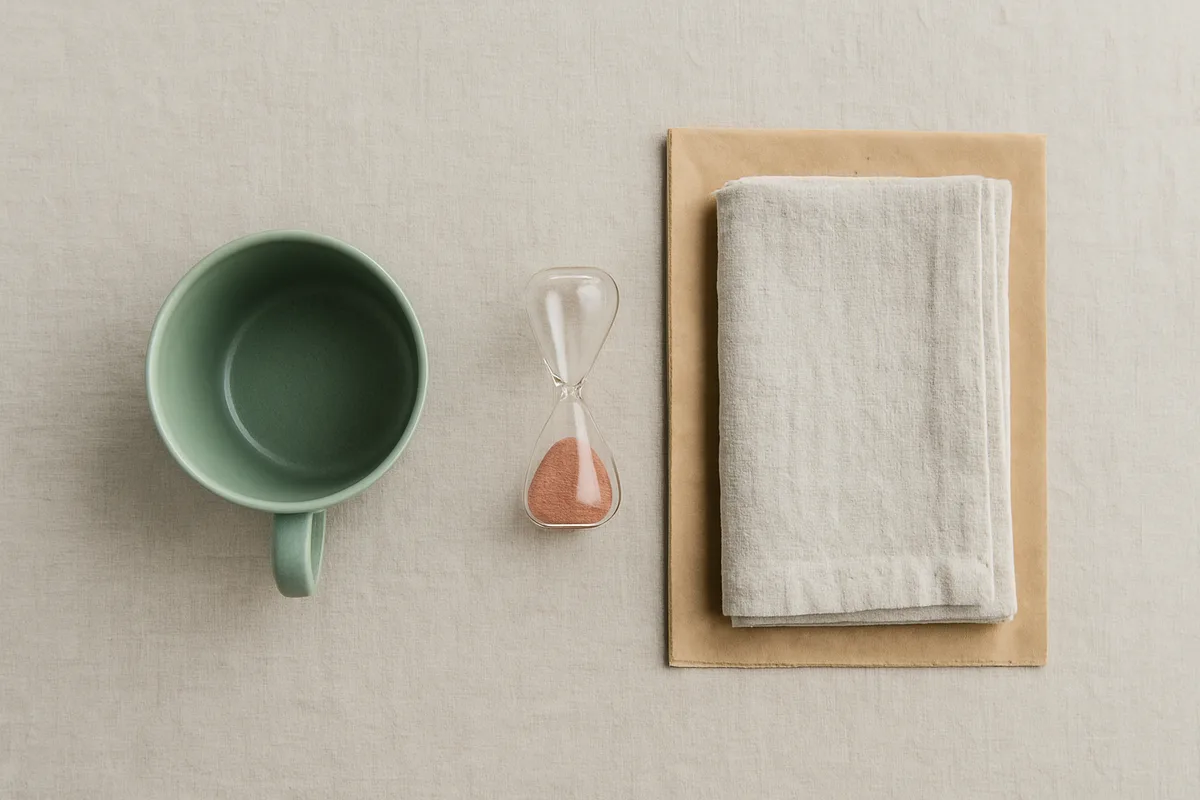 Taza de infusión sin usar, reloj de arena pequeño y paño de lino doblado sobre papel de estraza claro