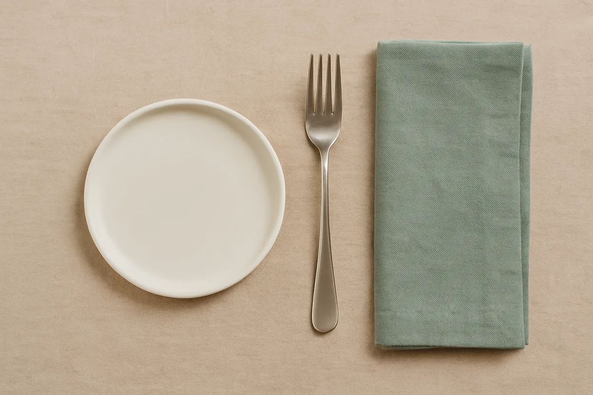 Plato pequeño vacío, tenedor y servilleta de lino doblada sobre una mesa de madera clara, vistos desde arriba