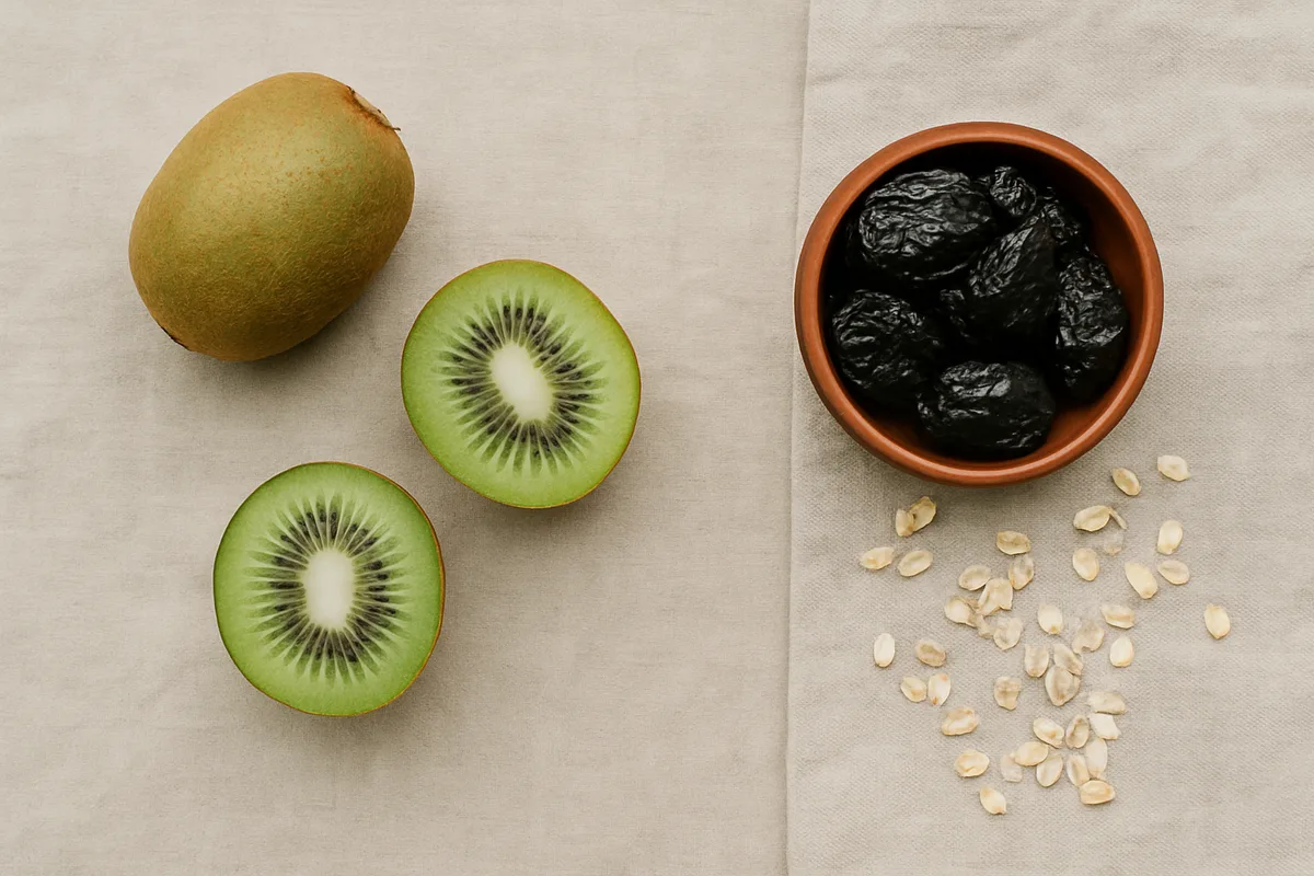 Dos kiwis verdes, uno partido por la mitad, ciruelas pasas en un cuenco de barro y copos de avena esparcidos sobre un paño de lino, vistos desde arriba