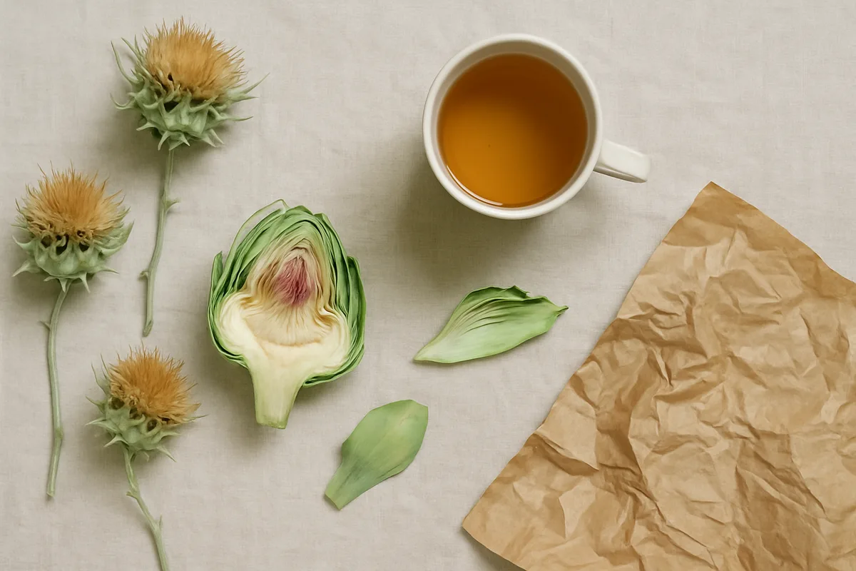 Vista desde arriba de flores secas de cardo, media alcachofa cortada, una taza de infusión sin logotipo y papel de estraza arrugado