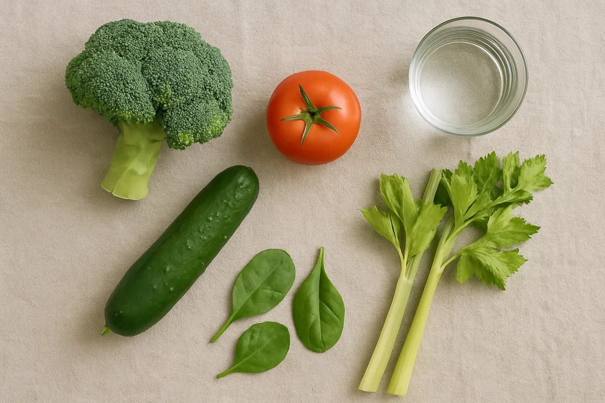 Verduras frescas sin cortar y un vaso de agua sobre un mantel de lino crudo, vistos desde arriba