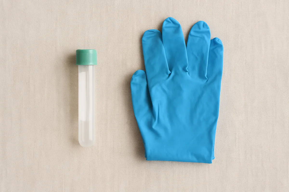 Tubo de recogida de muestras vacío y un par de guantes de nitrilo azul doblados sobre un paño de lino claro, vistos desde arriba