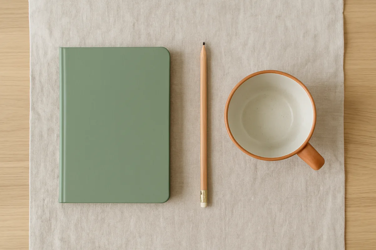 Libreta cerrada sin marcas, lápiz de madera y taza de infusión vacía sobre mesa de madera clara